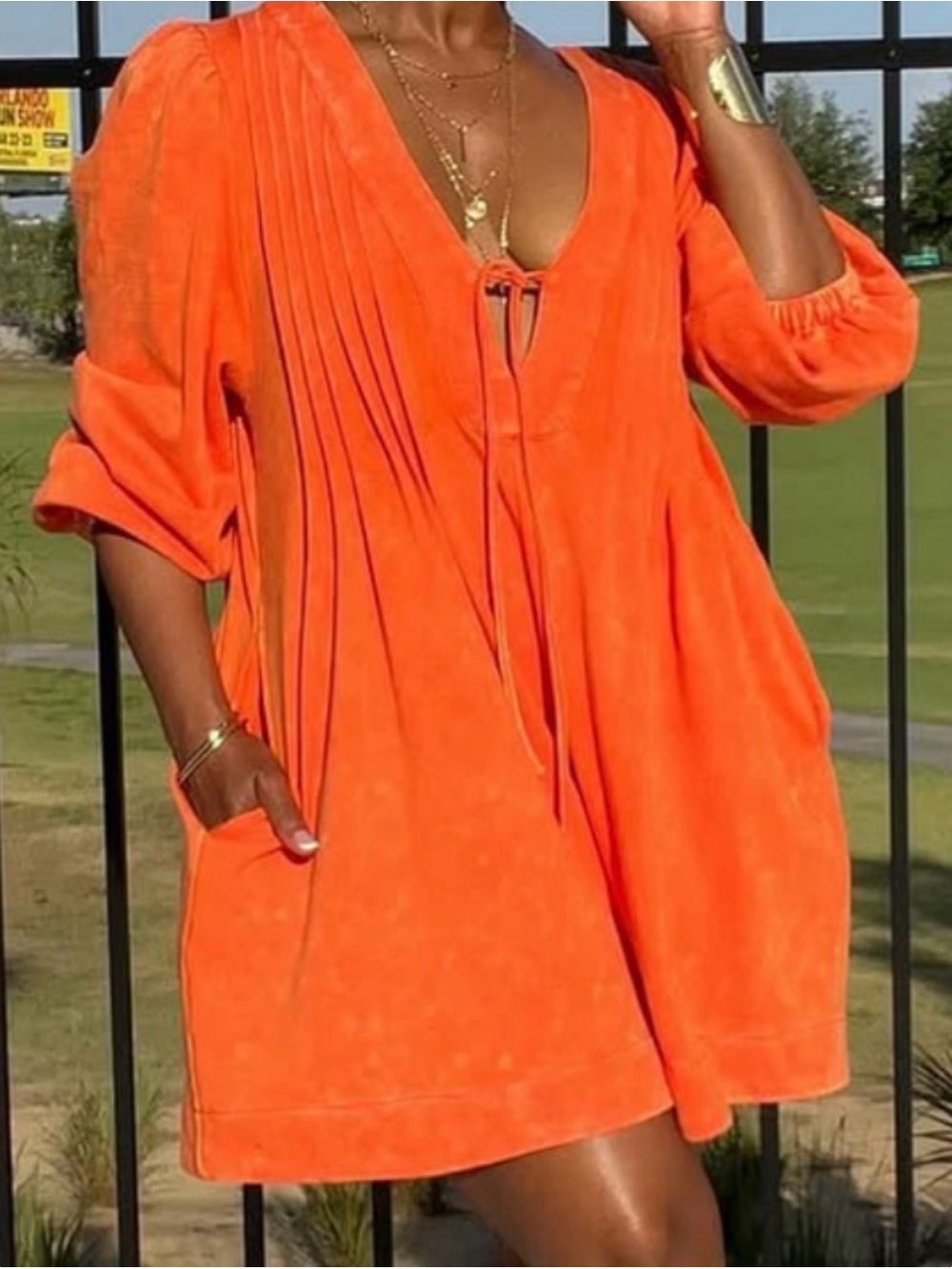 LORAGAL Orange V-Neck Romper with Tie Detail 3/4 Sleeves & Pockets NET